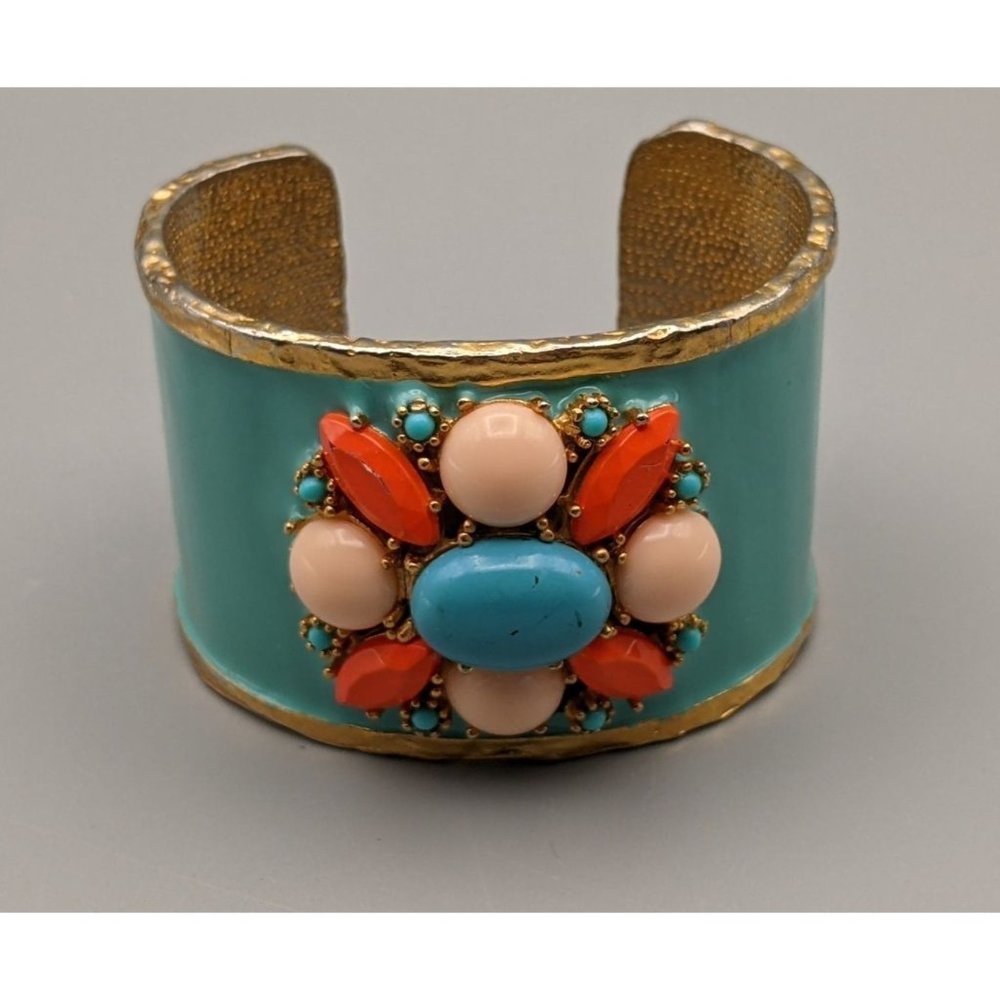 Gorgeous Enamel Bracelet Plastic Beaded Flower Turquoise, Orange, Cream, Gold